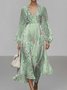 Damen Gestreift Puffärmel Frühling/Herbst Kleid V-Ausschnitt Langarm A-Linien-Kleid