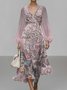 Damen Geblümt Puffärmel Frühling/Herbst Kleid V-Ausschnitt Langarm A-Linien-Kleid