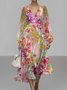 Damen Geblümt Puffärmel Frühling/Herbst Kleid V-Ausschnitt Langarm A-Linien-Kleid