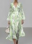 Damen Gestreift Puffärmel Frühling/Herbst Kleid V-Ausschnitt Langarm A-Linien-Kleid