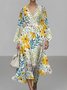 Damen Geblümt Puffärmel Frühling/Herbst Kleid V-Ausschnitt Langarm A-Linien-Kleid