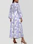 Damen Gestreift Puffärmel Frühling/Herbst Kleid V-Ausschnitt Langarm A-Linien-Kleid