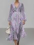 Damen Gestreift Puffärmel Frühling/Herbst Kleid V-Ausschnitt Langarm A-Linien-Kleid