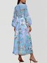 Damen Geblümt Puffärmel Frühling/Herbst Kleid V-Ausschnitt Langarm A-Linien-Kleid