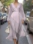 Damen Gestreift Puffärmel Frühling/Herbst Kleid V-Ausschnitt Langarm A-Linien-Kleid