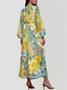 Damen Geblümt Puffärmel Frühling/Herbst Kleid V-Ausschnitt Langarm A-Linien-Kleid
