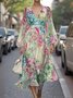 Damen Geblümt Puffärmel Frühling/Herbst Kleid V-Ausschnitt Langarm A-Linien-Kleid