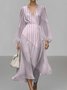 Damen Gestreift Puffärmel Frühling/Herbst Kleid V-Ausschnitt Langarm A-Linien-Kleid