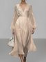 Damen Gestreift Puffärmel Frühling/Herbst Kleid V-Ausschnitt Langarm A-Linien-Kleid