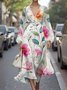 Damen Geblümt Puffärmel Frühling/Herbst Kleid V-Ausschnitt Langarm A-Linien-Kleid