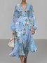 Damen Geblümt Puffärmel Frühling/Herbst Kleid V-Ausschnitt Langarm A-Linien-Kleid