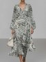 Damen Geblümt Puffärmel Frühling/Herbst Kleid V-Ausschnitt Langarm A-Linien-Kleid
