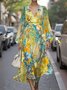 Damen Geblümt Puffärmel Frühling/Herbst Kleid V-Ausschnitt Langarm A-Linien-Kleid