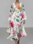 Damen Geblümt Puffärmel Frühling/Herbst Kleid V-Ausschnitt Langarm A-Linien-Kleid