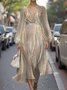 Damen Gestreift Puffärmel Frühling/Herbst Kleid V-Ausschnitt Langarm A-Linien-Kleid