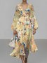 Damen Geblümt Puffärmel Frühling/Herbst Kleid V-Ausschnitt Langarm A-Linien-Kleid