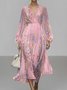 Damen Gestreift Puffärmel Frühling/Herbst Kleid V-Ausschnitt Langarm A-Linien-Kleid