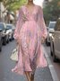 Damen Gestreift Puffärmel Frühling/Herbst Kleid V-Ausschnitt Langarm A-Linien-Kleid