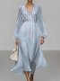 Damen Gestreift Puffärmel Frühling/Herbst Kleid V-Ausschnitt Langarm A-Linien-Kleid