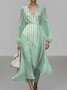 Damen Gestreift Puffärmel Frühling/Herbst Kleid V-Ausschnitt Langarm A-Linien-Kleid