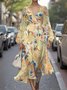Damen Geblümt Puffärmel Frühling/Herbst Kleid V-Ausschnitt Langarm A-Linien-Kleid