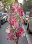 Damen Geblümt Puffärmel Frühling/Herbst Kleid V-Ausschnitt Langarm A-Linien-Kleid