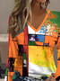 Lässig Abstrakt V-Ausschnitt Langarm T-Shirt