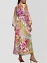 Damen Geblümt Puffärmel Frühling/Herbst Kleid V-Ausschnitt Langarm A-Linien-Kleid
