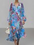 Damen Geblümt Puffärmel Frühling/Herbst Kleid V-Ausschnitt Langarm A-Linien-Kleid