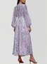 Damen Gestreift Puffärmel Frühling/Herbst Kleid V-Ausschnitt Langarm A-Linien-Kleid