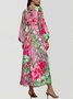 Damen Geblümt Puffärmel Frühling/Herbst Kleid V-Ausschnitt Langarm A-Linien-Kleid