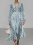 Damen Gestreift Puffärmel Frühling/Herbst Kleid V-Ausschnitt Langarm A-Linien-Kleid