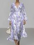 Damen Gestreift Puffärmel Frühling/Herbst Kleid V-Ausschnitt Langarm A-Linien-Kleid