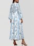 Damen Gestreift Puffärmel Frühling/Herbst Kleid V-Ausschnitt Langarm A-Linien-Kleid