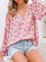 V-Ausschnitt Ballon-Ärmel Langarm Geblümt Print Regelmäßig Mikroelastizität Weit Bluse für Damen