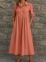 Damen Unifarben Sommer Kleid Hemdkragen Kurzarm A-Linien-Kleid
