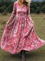 Damen Geblümt Frühling/Herbst Kleid V-Ausschnitt Langarm A-Linien-Kleid