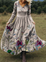 Damen Geblümt Frühling/Herbst Kleid V-Ausschnitt Langarm A-Linien-Kleid
