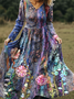 Damen Geblümt Frühling/Herbst Kleid V-Ausschnitt Langarm A-Linien-Kleid