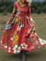 Damen Geblümt Frühling/Herbst Kleid V-Ausschnitt Langarm A-Linien-Kleid