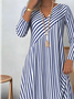Damen Gestreift Frühling/Herbst Print Kleid V-Ausschnitt Langarm T-Shirt-Kleid H-Linie Kleid