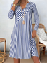 Damen Gestreift Frühling/Herbst Print Kleid V-Ausschnitt Langarm T-Shirt-Kleid H-Linie Kleid