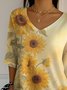 Retro Sonnenblume Rundhals Dreiviertelärmel T-Shirt
