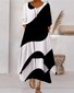 Damen Gestreift Sommer Kleid Rundhals Langarm Blusenkleid A-Linien-Kleid