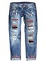 Straße Leopard Fashion schmal geschnitten Print Patchwork Zerrissen Jeans
