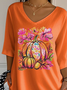 Lässig Geblümt V-Ausschnitt Dreiviertelärmel T-Shirt
