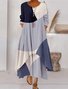 Damen Gestreift Sommer Kleid Rundhals Langarm Blusenkleid A-Linien-Kleid