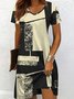 Damen Geometrisch Sommer Kleid V-Ausschnitt Kurzarm A-Linien-Kleid