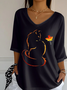 Retro Katze Rundhals Dreiviertelärmel T-Shirt