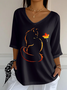 Retro Katze Rundhals Dreiviertelärmel T-Shirt